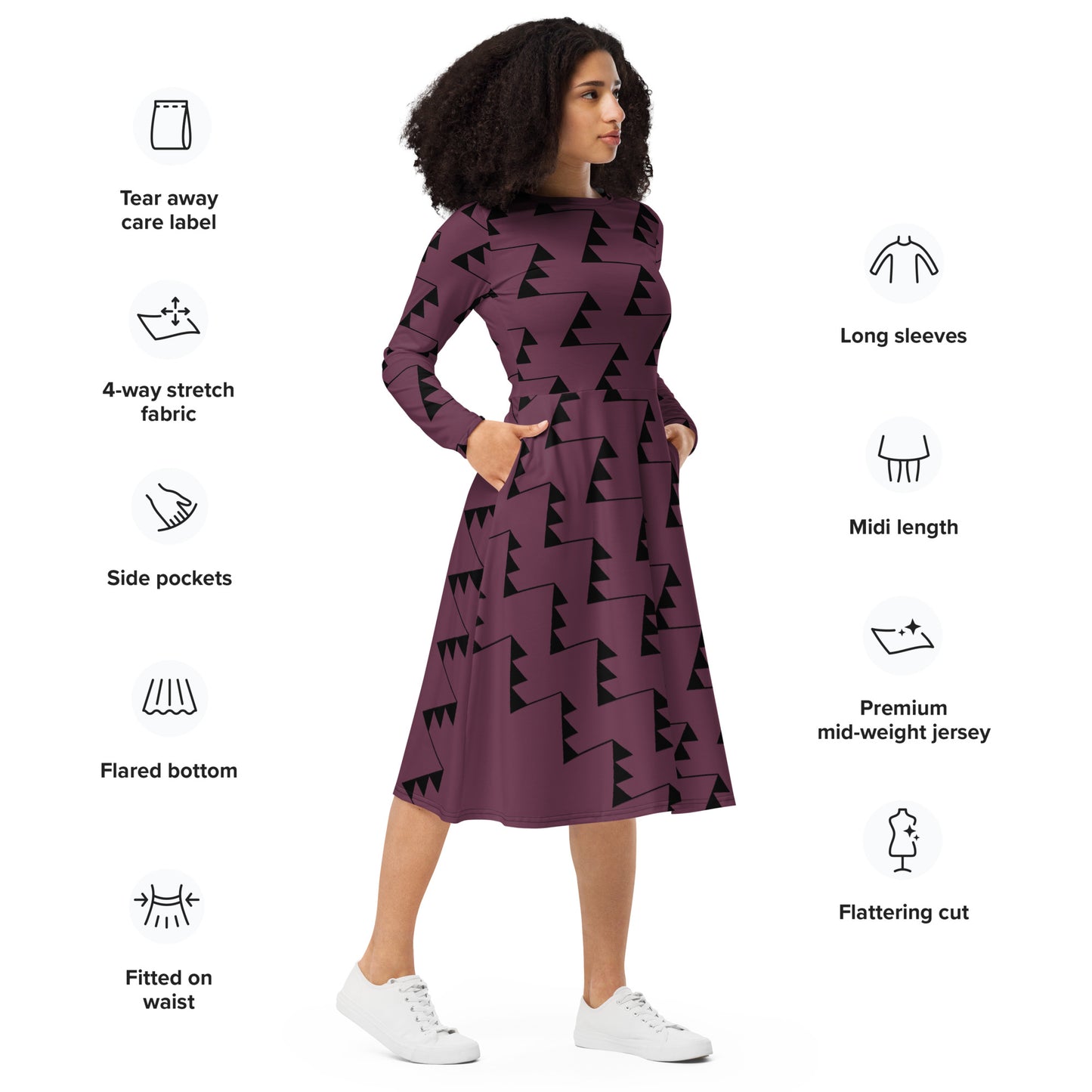 Women's All-over print long sleeve midi dress